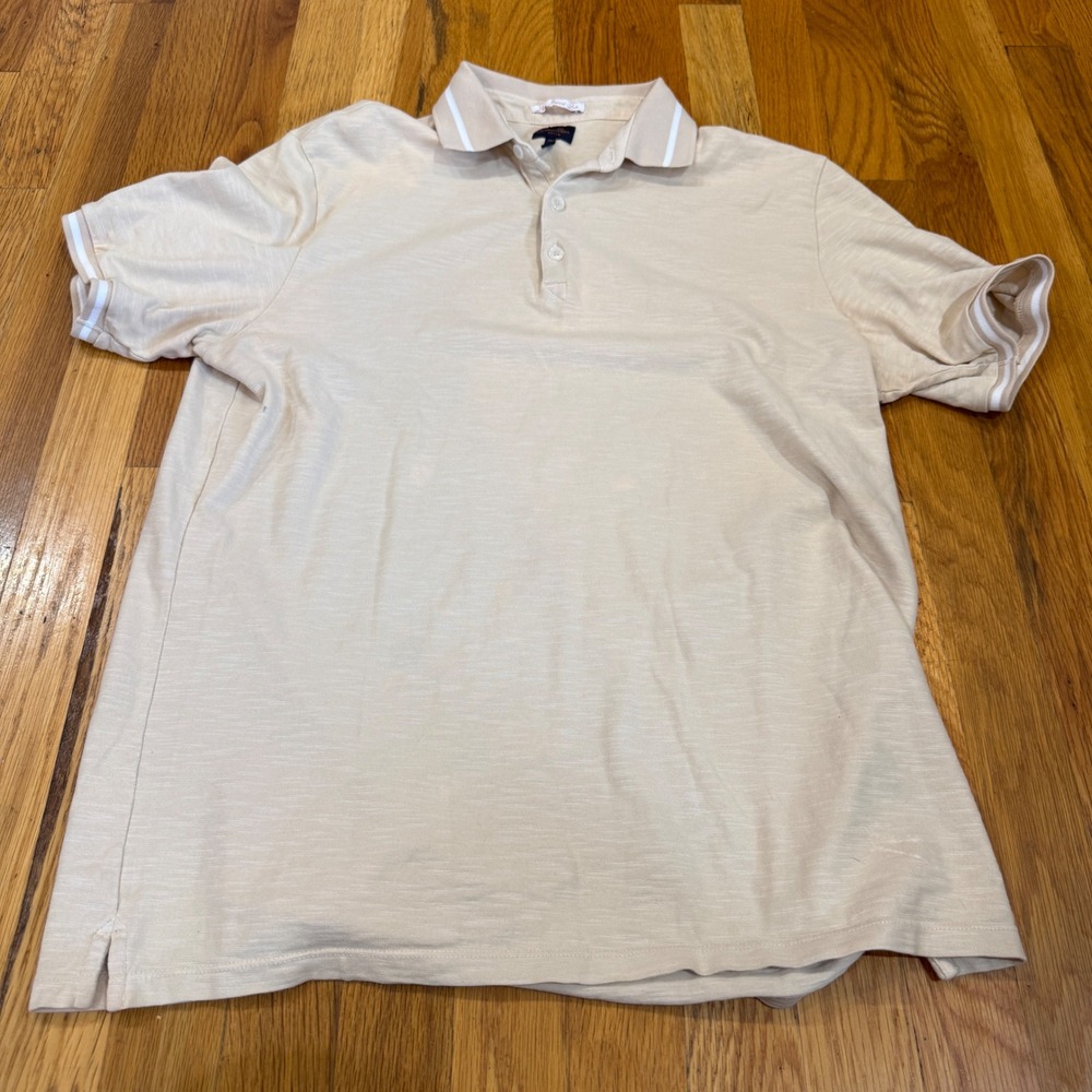 Good Man Brand Mens Beige Slub Cotton Polo Shirt White Tipped Sz M Short Sleeve